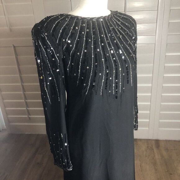 Vtg 80s Oleg Cassini Black Silk Beaded Cocktail Dress 8 Modest Holiday - Picture 8 of 12